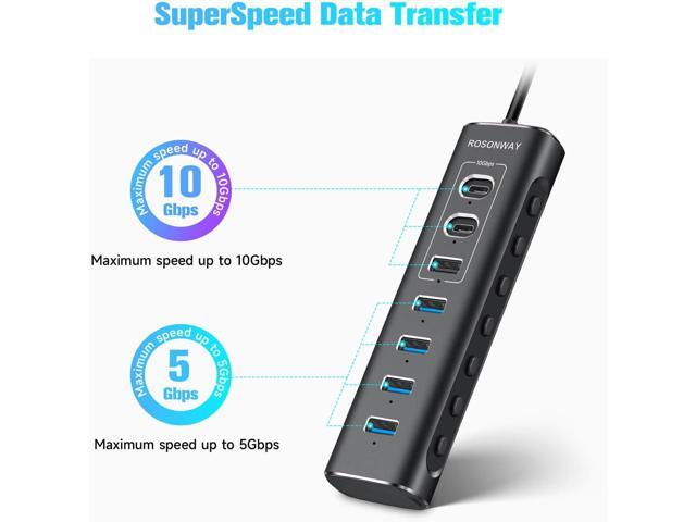 Powered USB Hub, Rosonway 7-Port USB 3.2/USB C Hub with 10Gbps USB-A 3.2, 2 USB-C 3.2, 4 USB 3.0 Ports, Individual Switches and 12V Power Adapter,...