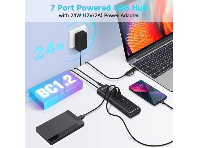 Powered USB Hub, Rosonway 7 Ports USB 3.1/3.2 Gen 2 Hub 10Gbps with 3.3ft USB-A/USB-C Data Cable, Individual Switches and 24W Power Adapter,...
