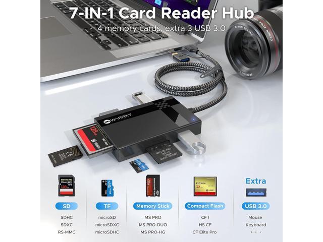 SD Card Reader 7 in 1, WARRKYDual Connector USB3.0/USB-C, 2.5FT Nylon Cable Card Adapter Hub for microSD, SDXC, SDHC, CF, MS, MMC, UHS-I, More,...