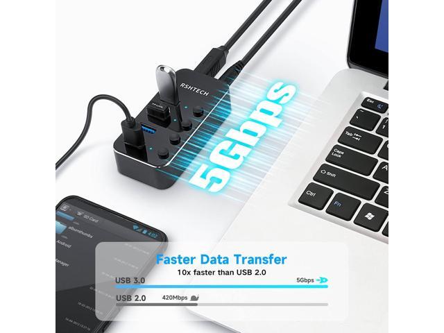 USB 3.0 Hub RSHTECH 4 Port Powered USB 3.0/USB C Hub Upgraded Version with 2-in-1 3.3ft USB Cable,5V Power Adapter and Individual Switches,...