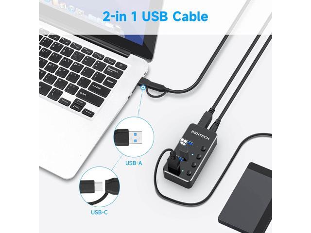 USB 3.0 Hub RSHTECH 4 Port Powered USB 3.0/USB C Hub Upgraded Version with 2-in-1 3.3ft USB Cable,5V Power Adapter and Individual Switches,...