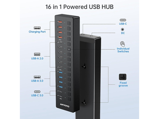 Powered 16-Port USB Hub with 4ft 2-in-1 Cable, 60W USB Hub (10 USB-A+2 USB-C 3.0+4 Smart Charging Ports), Wall Mounting USB Port Extender,...