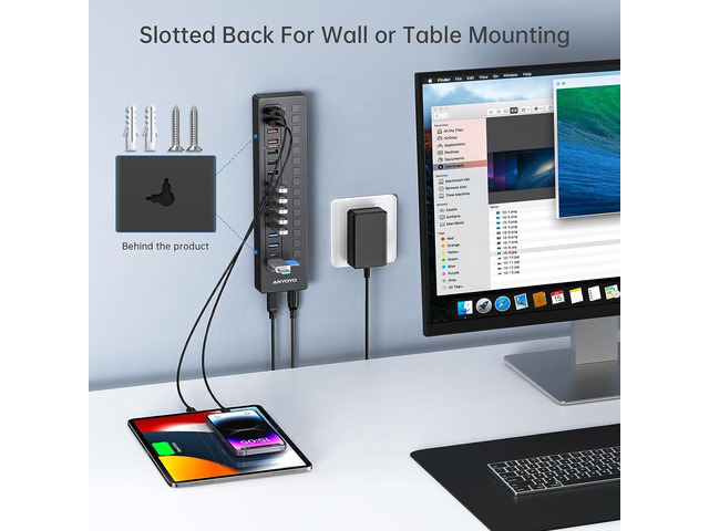 Powered 16-Port USB Hub with 4ft 2-in-1 Cable, 60W USB Hub (10 USB-A+2 USB-C 3.0+4 Smart Charging Ports), Wall Mounting USB Port Extender,...