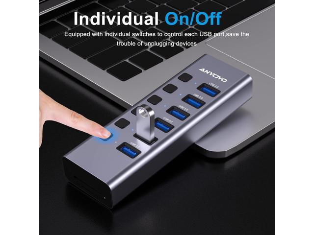 Powered USB Hub with TF/SD Card Reader, 8-Port USB 3.0 Hub with 6 USB 3.0 Data Ports, USB Spilter with Individual On/Off SwitchesAluminum USB Hub...