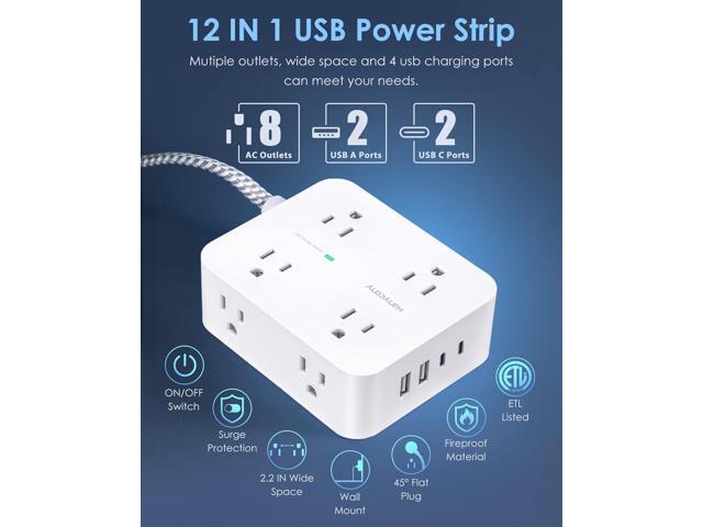 6Ft Surge Protector Power Strip with USB C, Extension Cord with 8 Wide Outlets(2.2 IN) and 4 USB Ports(2 USB C), Flat Plug, Wall Mount, 3 Side...