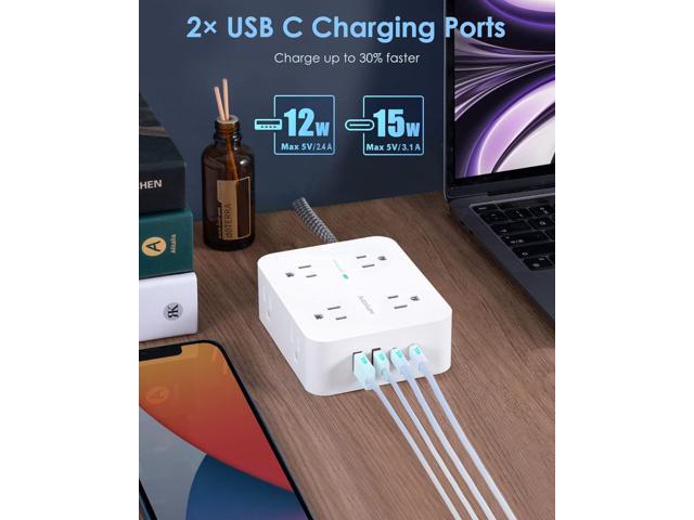 6Ft Surge Protector Power Strip with USB C, Extension Cord with 8 Wide Outlets(2.2 IN) and 4 USB Ports(2 USB C), Flat Plug, Wall Mount, 3 Side...
