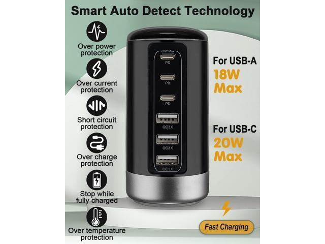 Universal USB & USB C Tower Fast Charging Station 6-Port 60W - Compact, Space-Saving Design with Multiple USB & USB-C Ports for All iPhone Galaxy...