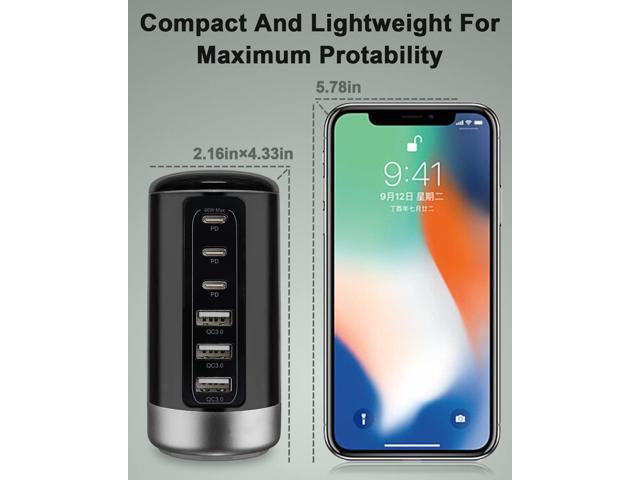 Universal USB & USB C Tower Fast Charging Station 6-Port 60W - Compact, Space-Saving Design with Multiple USB & USB-C Ports for All iPhone Galaxy...