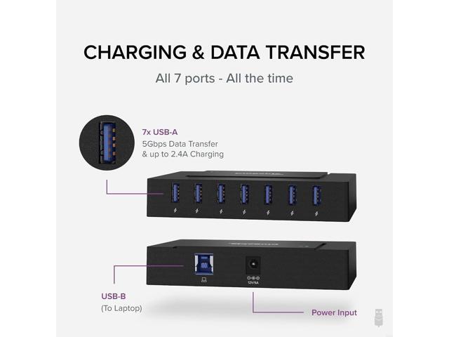 Plugable 7-in-1 USB Powered Hub for Laptops with USB-C or USB 3.0 - USB Power Station for Multiple Devices and USB Data Transfer with a 60W Power...
