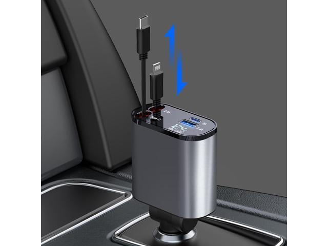 Retractable Car Charger, 4 in1 Fast Car Phone Charger 60W, Retractable Cables (2.6Ft) and 2 USB Ports Car Charger Adapter, Compatible with iPhone...