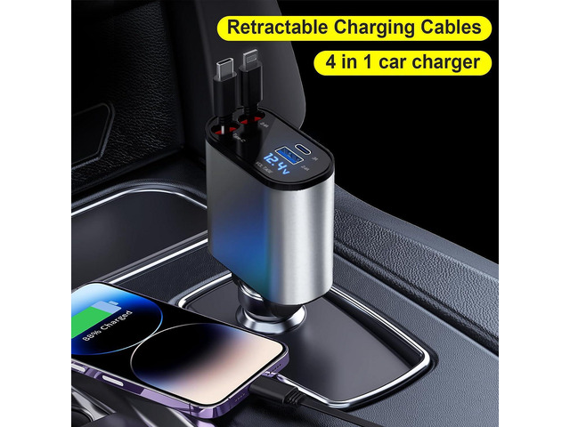 Retractable Car Charger, 4 in1 Fast Car Phone Charger 60W, Retractable Cables (2.6Ft) and 2 USB Ports Car Charger Adapter, Compatible with iPhone...