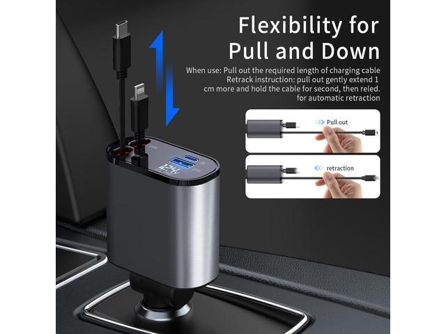 Retractable Car Charger, 4 in1 Fast Car Phone Charger 60W, Retractable Cables (2.6Ft) and 2 USB Ports Car Charger Adapter, Compatible with iPhone...