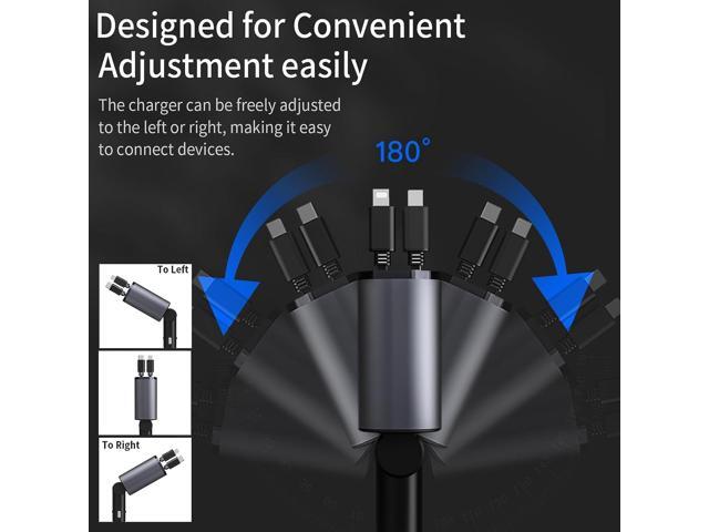 Retractable Car Charger, 4 in1 Fast Car Phone Charger 60W, Retractable Cables (2.6Ft) and 2 USB Ports Car Charger Adapter, Compatible with iPhone...