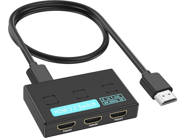 HDMI Switch 4K@60Hzwith HDMI Cable, 3 in 1 Out HDMI Switch, 3 Port HDMI Switcher