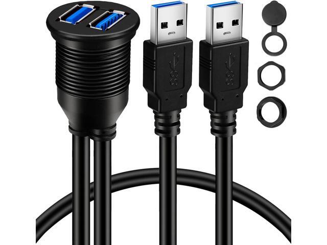 BATIGE 2 Ports Dual USB 3.0 Male to USB 3.0 Female AUX Flush Mount Car Mount Extension Cable for Car Truck Boat Motorcycle Dashboard Panel 1ft