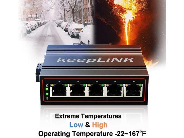 keepLiNK 5-Port Industrial Ethernet Switch, Unmanaged 10/100Mbps DIN-Rail Network Switch, IP40, Operating Temperature Range of -30°C 75°C (-22°F ...