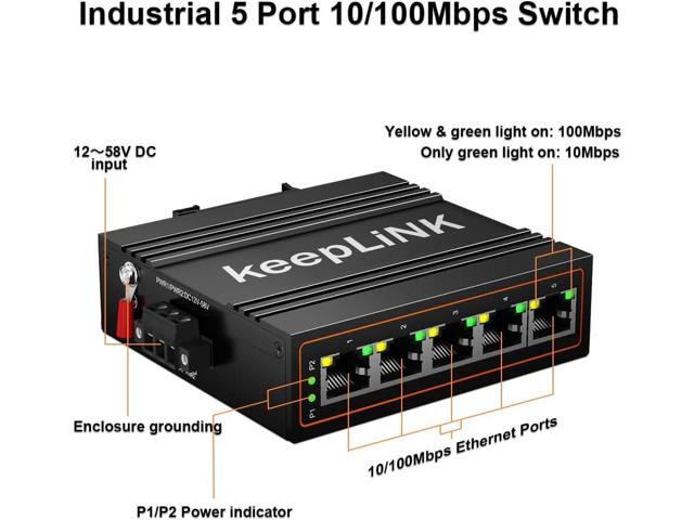 keepLiNK 5-Port Industrial Ethernet Switch, Unmanaged 10/100Mbps DIN-Rail Network Switch, IP40, Operating Temperature Range of -30°C 75°C (-22°F ...