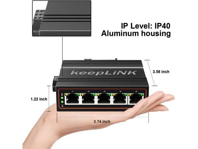 keepLiNK 5-Port Industrial Ethernet Switch, Unmanaged 10/100Mbps DIN-Rail Network Switch, IP40, Operating Temperature Range of -30°C 75°C (-22°F ...