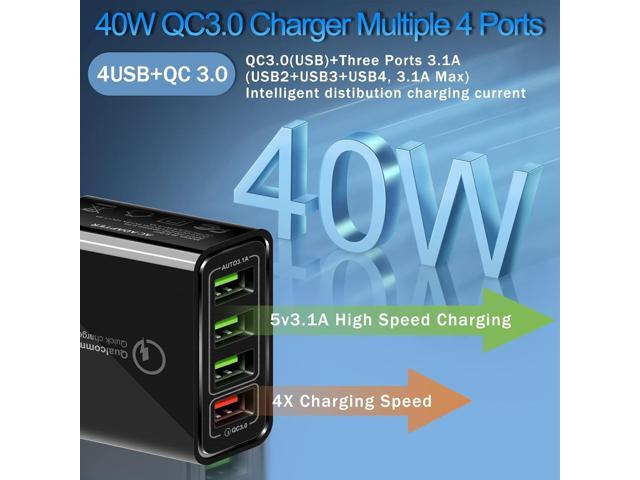 USB Charger 40W QC3.0 USB Wall Charger, CARZONJX 5V/3.1A 4 Port USB Fast Charger [Wite LED Light] Fast Charging Block for iPhone 14 13 12 11 X XR...