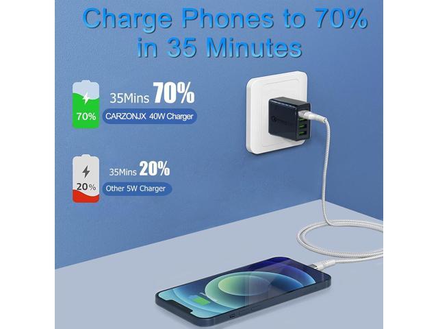 USB Charger 40W QC3.0 USB Wall Charger, CARZONJX 5V/3.1A 4 Port USB Fast Charger [Wite LED Light] Fast Charging Block for iPhone 14 13 12 11 X XR...