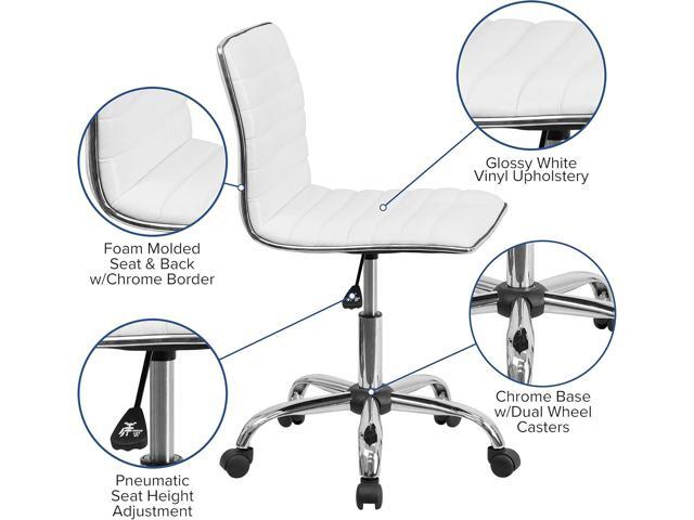 Flash Furniture Alan Low-Back Ribbed Upholstered Vinyl Swivel Desk Chair with Padded Seat, Modern Adjustable Height Padded Office Chair, White