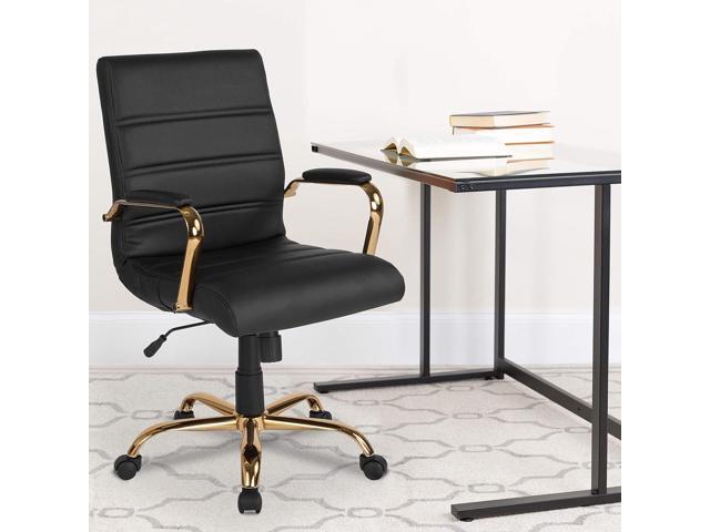 Flash Furniture Whitney Mid-Back Desk Chair - Black LeatherSoft Executive Swivel Office Chair with Gold Frame - Swivel Arm Chair