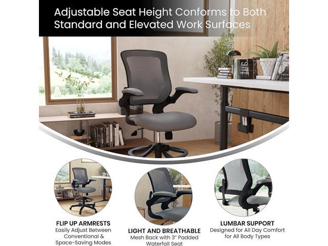Flash Furniture Kale Mid-Back Dark Gray Mesh Ergonomic Drafting Chair Adjustable Foot Ring, Flip-Up Arms