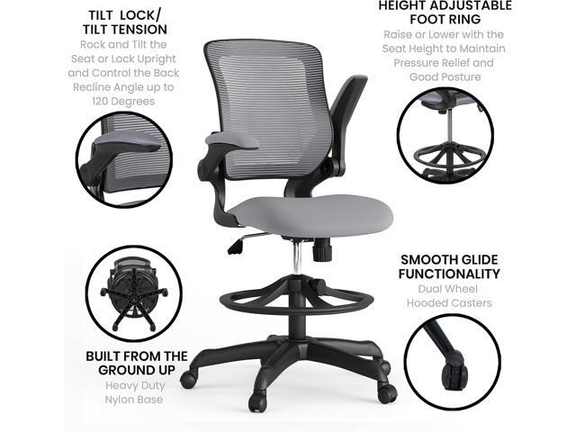 Flash Furniture Kale Mid-Back Dark Gray Mesh Ergonomic Drafting Chair Adjustable Foot Ring, Flip-Up Arms