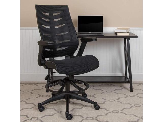 Flash Furniture Kale High Back Black Mesh Spine-Back Ergonomic Drafting Chair with Adjustable Foot Ring and Adjustable Flip-Up Arms