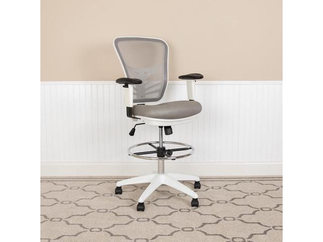 Flash Furniture Tyler Mid-Back Light Gray Mesh Ergonomic Drafting Chair with Adjustable Chrome Foot Ring, Adjustable Arms and White Frame