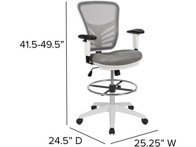 Flash Furniture Tyler Mid-Back Light Gray Mesh Ergonomic Drafting Chair with Adjustable Chrome Foot Ring, Adjustable Arms and White Frame