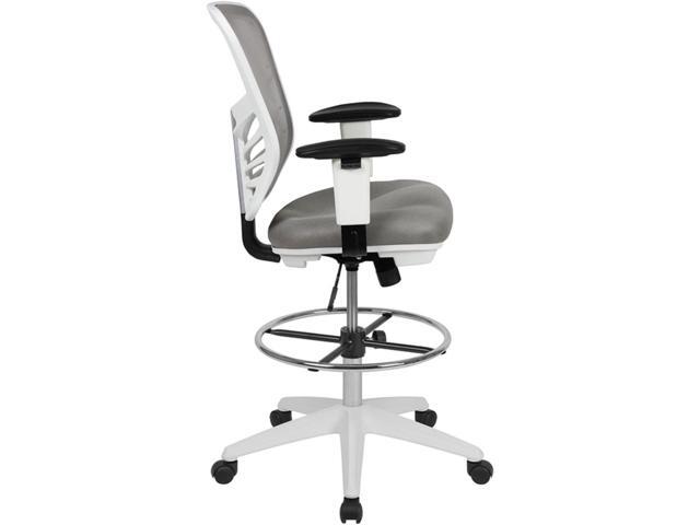 Flash Furniture Tyler Mid-Back Light Gray Mesh Ergonomic Drafting Chair with Adjustable Chrome Foot Ring, Adjustable Arms and White Frame