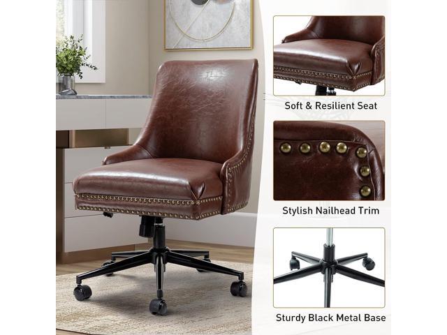 Faux Leather Home Office Chair with Black Metal Base and Nailhead, Modern Comfy Ergonomic Desk Chair with Adjustable Height/Tilt, 360-Degree...