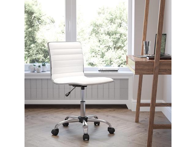 Flash Furniture Alan Low-Back Ribbed Upholstered Vinyl Swivel Desk Chair with Padded Seat, Modern Adjustable Height Padded Office Chair, White