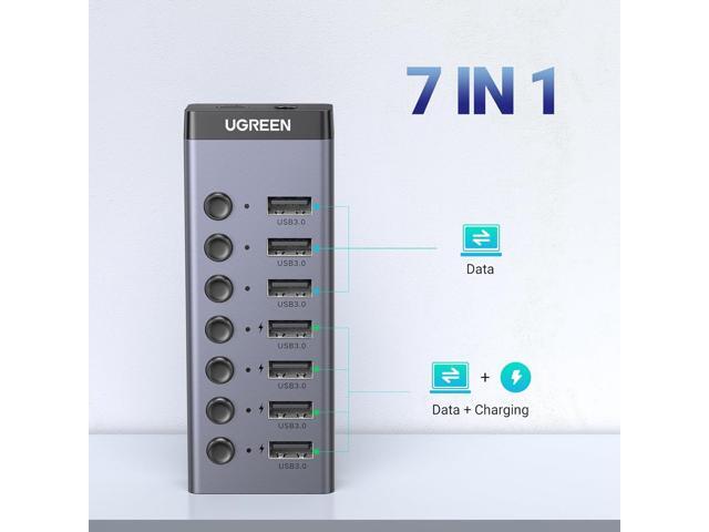 UGREEN Powered USB 3.0 Hub, 7-Port USB Adapter with 4 Smart Charging Ports, USB Splitter with Individual Led On/Off Switches and Power Adapter, USB...
