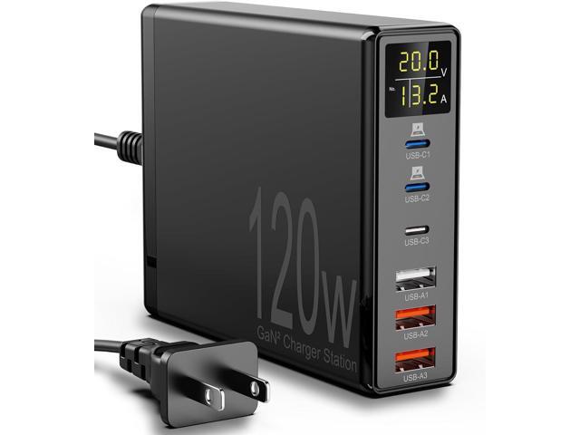 USB Charging Station, Binamao 120W 6-Port USB C Charger for Multiple Devices, GaN USB Charging Hub with LCD Display, Multiport USB Charger Block...