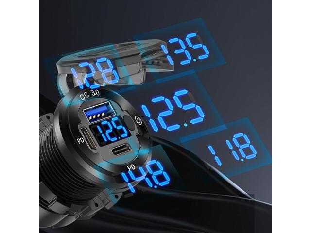 12V USB Car Socket Round USB C 12V Outlet, 3-Port Marine USB Fast Charger Waterproof Cigarette Outlet USB Replacement Aluminum with Switch &...