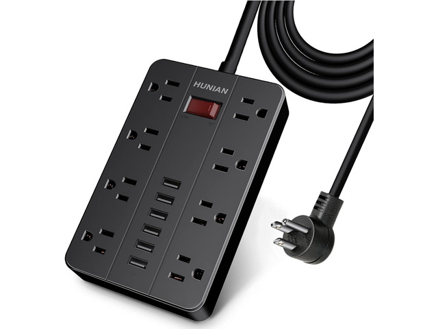 Power Strip with 6 USB,HUNIAN 5 Ft Extension Cord Flat Plug with 8 Widely Spaced Outlets Overload Protection Indoor Desk Charging Station Surge...