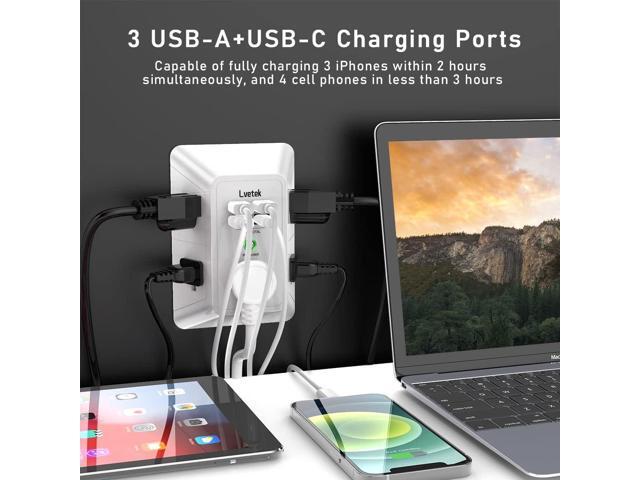 USB Wall ChargerLVETEK Surge Protector 5 Outlet Extender with 4 USB Ports (1 USB C Outlet) 3 Sided 1680J Power Strip Multi Plug Outlets Wall...