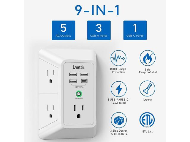 USB Wall ChargerLVETEK Surge Protector 5 Outlet Extender with 4 USB Ports (1 USB C Outlet) 3 Sided 1680J Power Strip Multi Plug Outlets Wall...