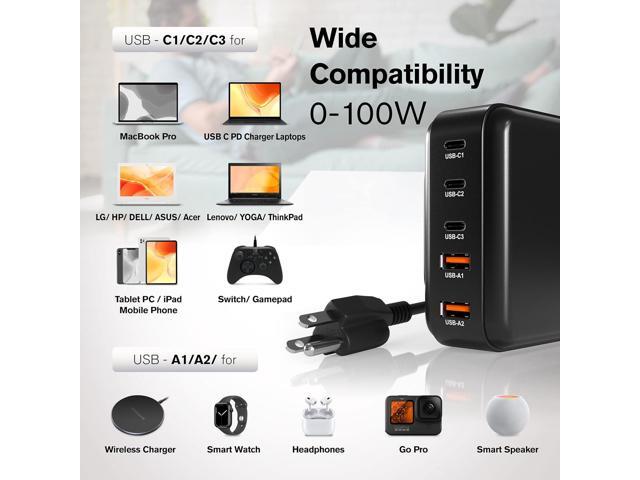 200W USB C Charger - LCD Display USB C Charger Block - Desktop 5-Port GaN Charger 3 USB-C 2 USB-A - Powered USB Hub Charging Station for Multiple...