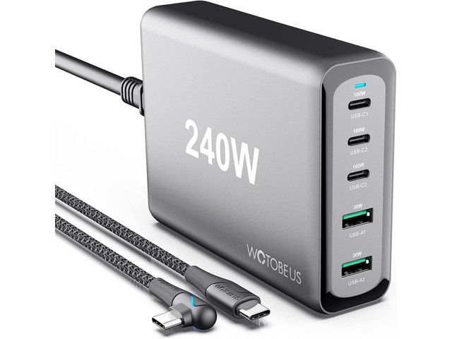 240W USB C Charger Station WOTOBEUS 5-Ports (PD 100W PPS45W+30W QC3.0) Type C Super Fast Charging Laptop GaN Power Adapter 5A LED Cable AC Cord for...