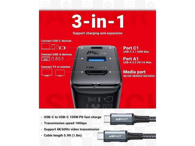 ACEFAST GaN PD65W 3 Port(USB C+USB A+4K/HD) Fast Charger Hub for Nintendo Switch, USB C 3.1 Laptops, Tablets, Foldable AC Plug Power Adapter...