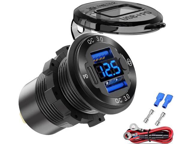 12V USB Outlet Wire Aluminum Car Charger Multi Port, Dual USB Quick Charge 3.0 Port and PD USB C Socket with Voltmeter Switch for Car Boat Marine.