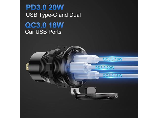 12V USB Outlet Wire Aluminum Car Charger Multi Port, Dual USB Quick Charge 3.0 Port and PD USB C Socket with Voltmeter Switch for Car Boat Marine...
