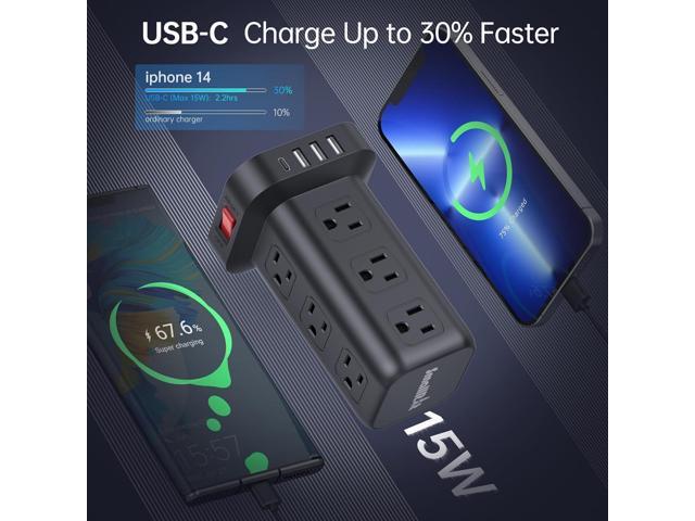 15FT USB C Power Strip Surge Protector Tower, Mini Power Strip Tower Travel 12 AC 4 USB Power Strip with USB Ports, Overload Protection for Home...