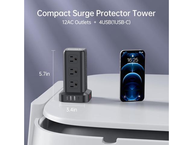15FT USB C Power Strip Surge Protector Tower, Mini Power Strip Tower Travel 12 AC 4 USB Power Strip with USB Ports, Overload Protection for Home...