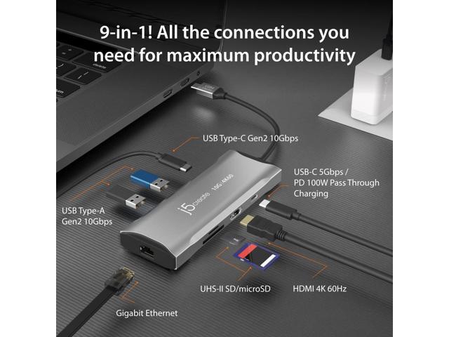 j5create Laptop Docking Station, 9-in-1, 4K60Hz HDMI, USB-C 10Gbps, 2 USB-A 10Gbps, 100W PD with USB-C 5Gbps, Ethernet, SD 4.0 Card Reader, for...