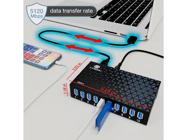 10 Ports USB Hub 3.0 Powered Aluminium - USB Hub Charger - Multiple Port - USB Splitter Hub with Power Adapter 12V/5A/60W - for Laptop, PC,Flash...