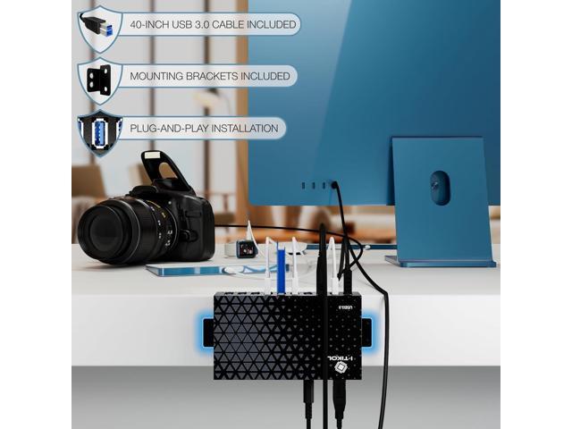 10 Ports USB Hub 3.0 Powered Aluminium - USB Hub Charger - Multiple Port - USB Splitter Hub with Power Adapter 12V/5A/60W - for Laptop, PC,Flash...